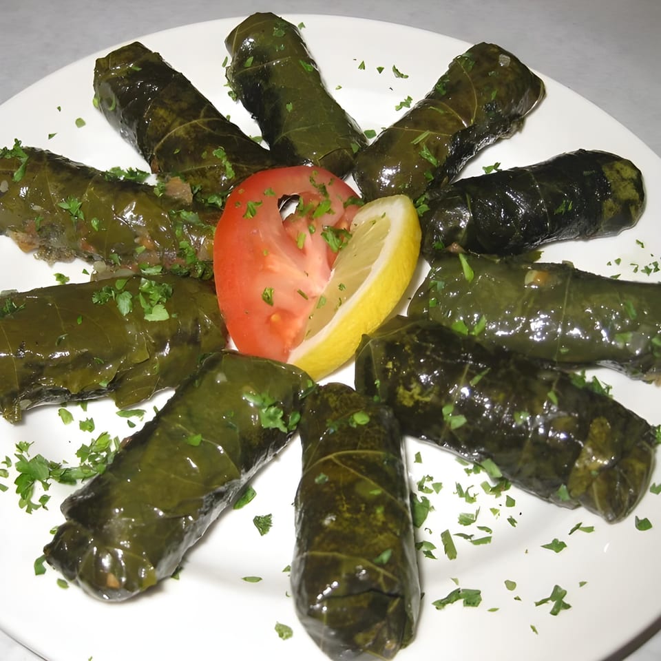 Grape leaves stuffed with rice and herbs, garnished with parsley, tomato, and lemon on a white plate.