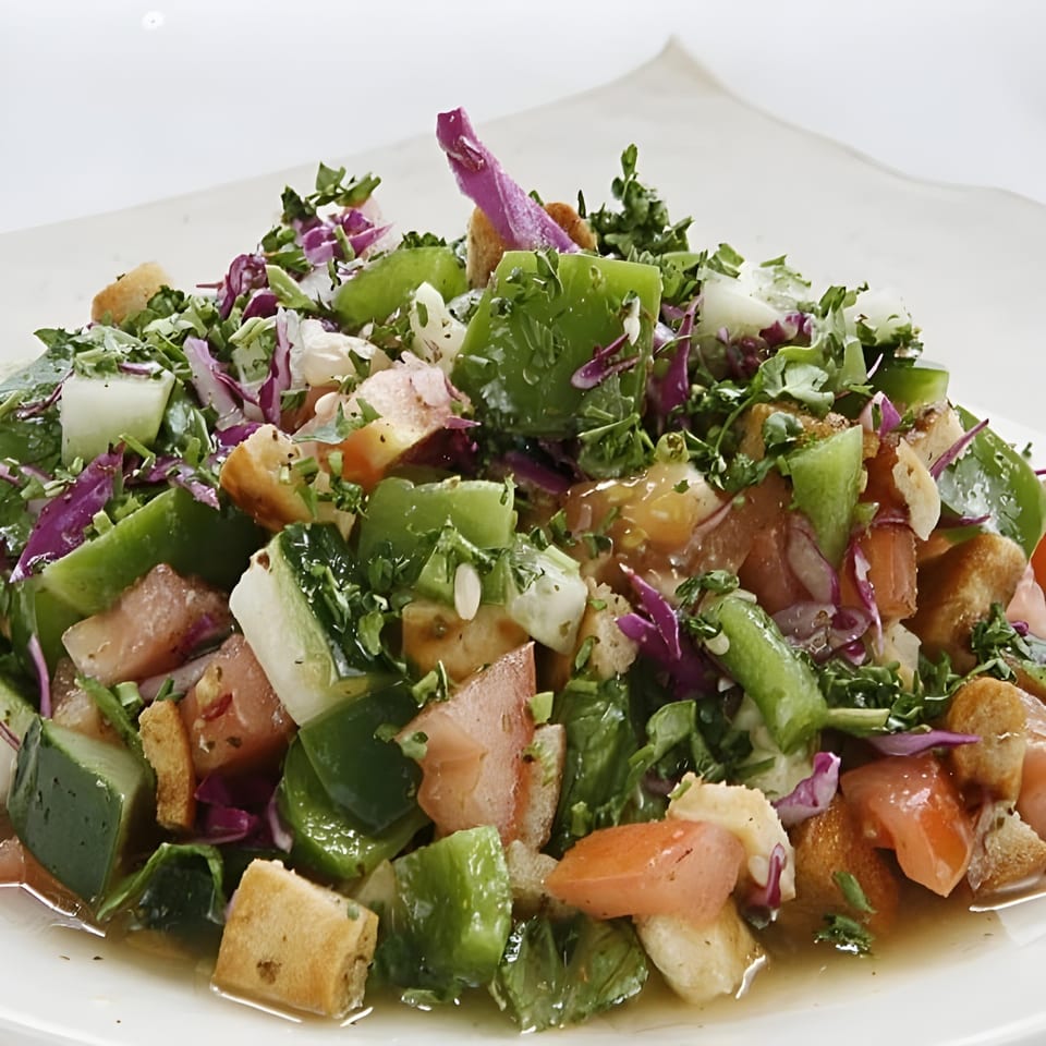 Close-up of a vibrant Mediterranean fattoush salad with fresh vegetables, herbs, and toasted pita bread.