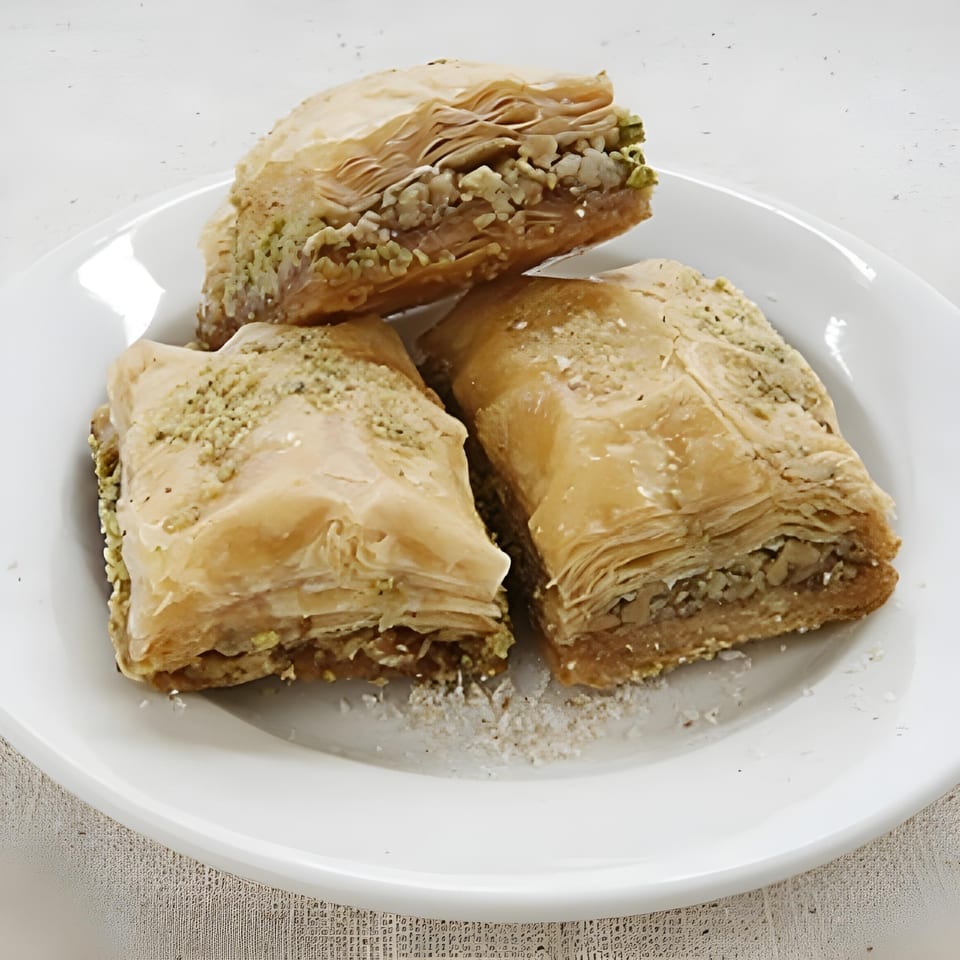 Three pieces of baklava, a Mediterranean dessert, on a white plate.